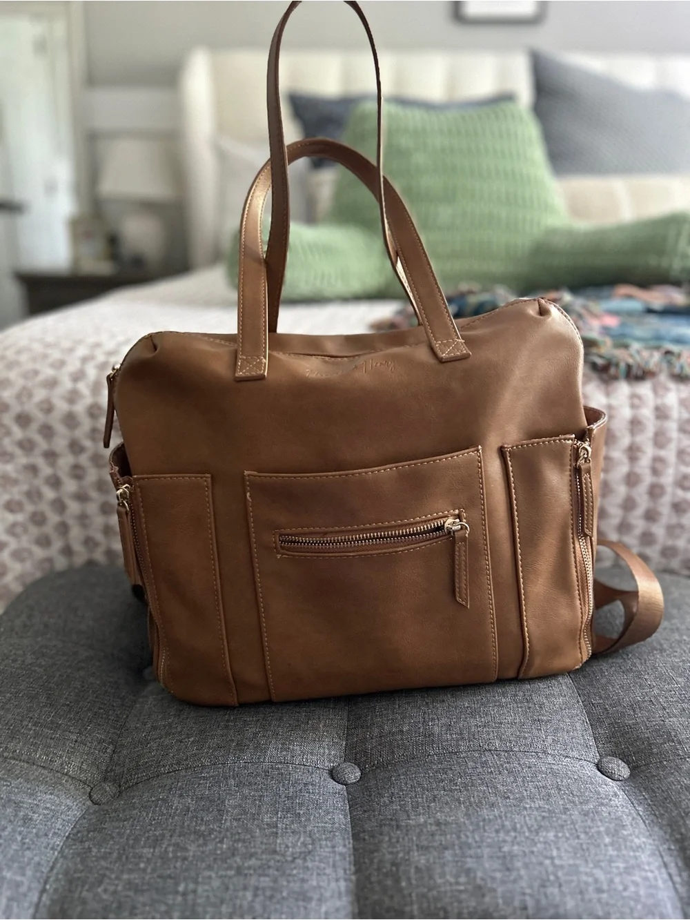 Convertible Baby Bag Tote in Tan Leather-Style Finish